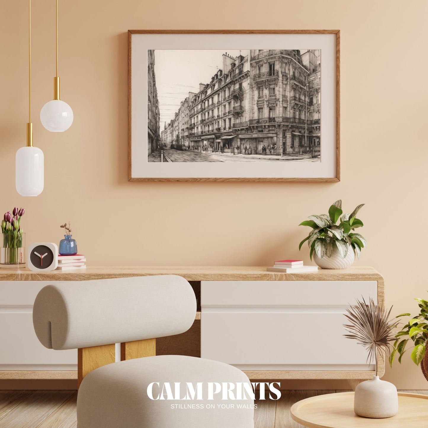 Hand-drawn scene of a Paris boulevard with classic street lamps and shops
