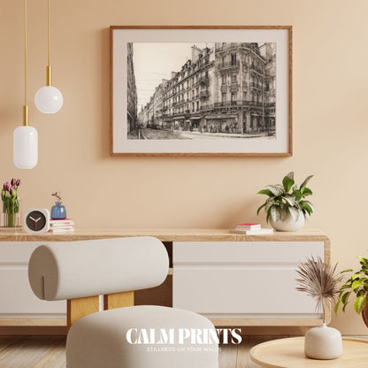 Hand-drawn scene of a Paris boulevard with classic street lamps and shops
