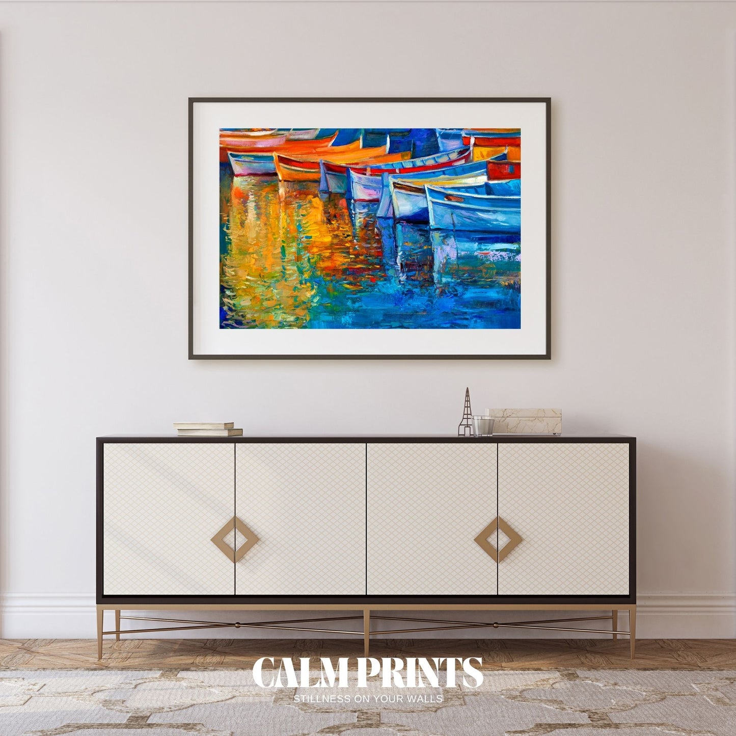 Artwork of harbour boats and their vivid reflections rippling in soft light
