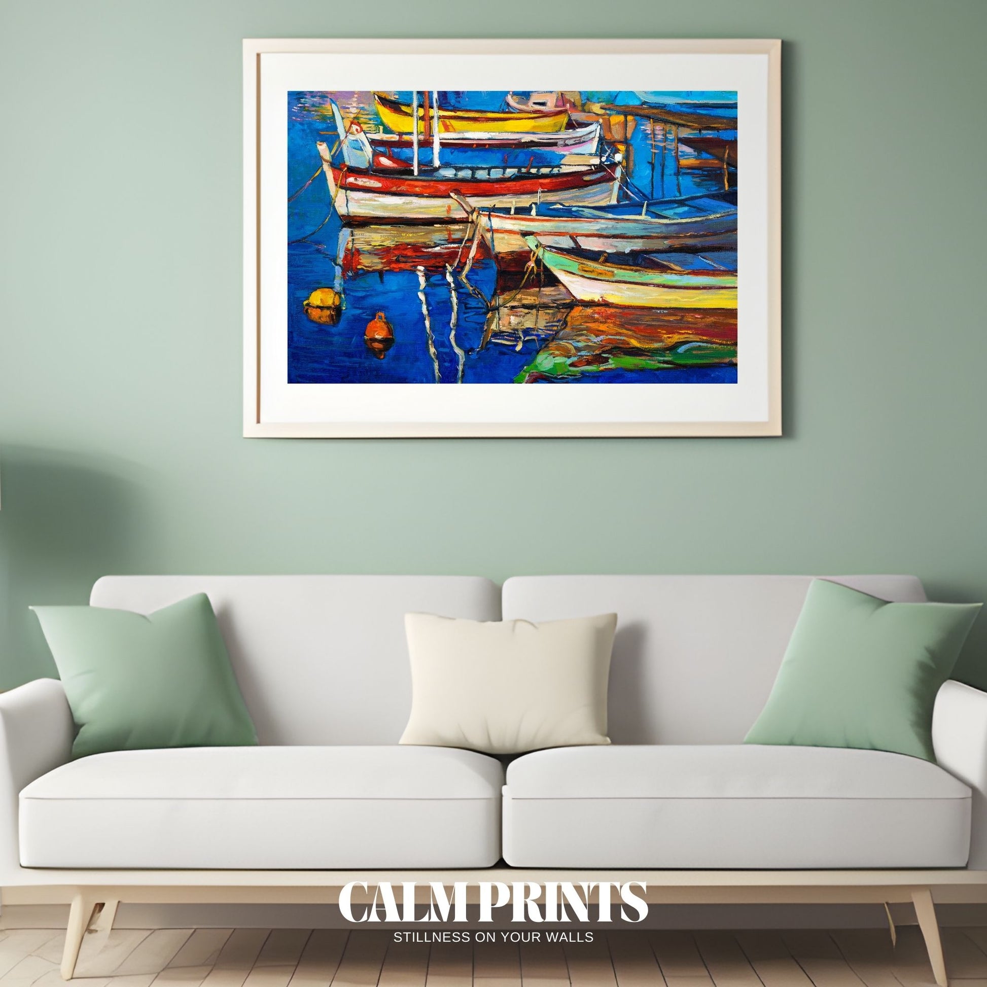 Boats reflected in calm harbour waters with soft colour and serene tones
