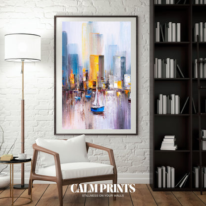 Modern art print of a harbour scene with abstract urban touches