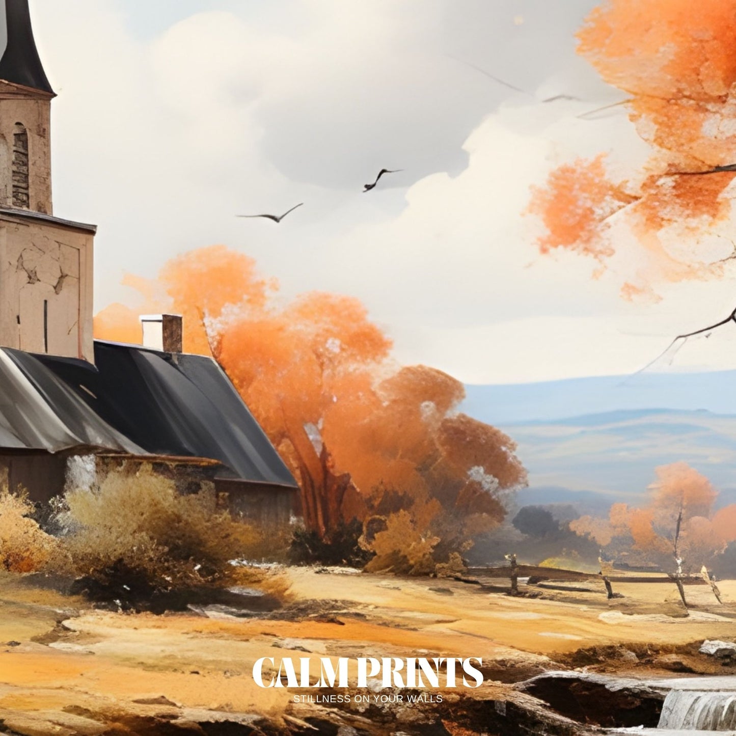 Historic country church set in a peaceful autumn landscape by the water