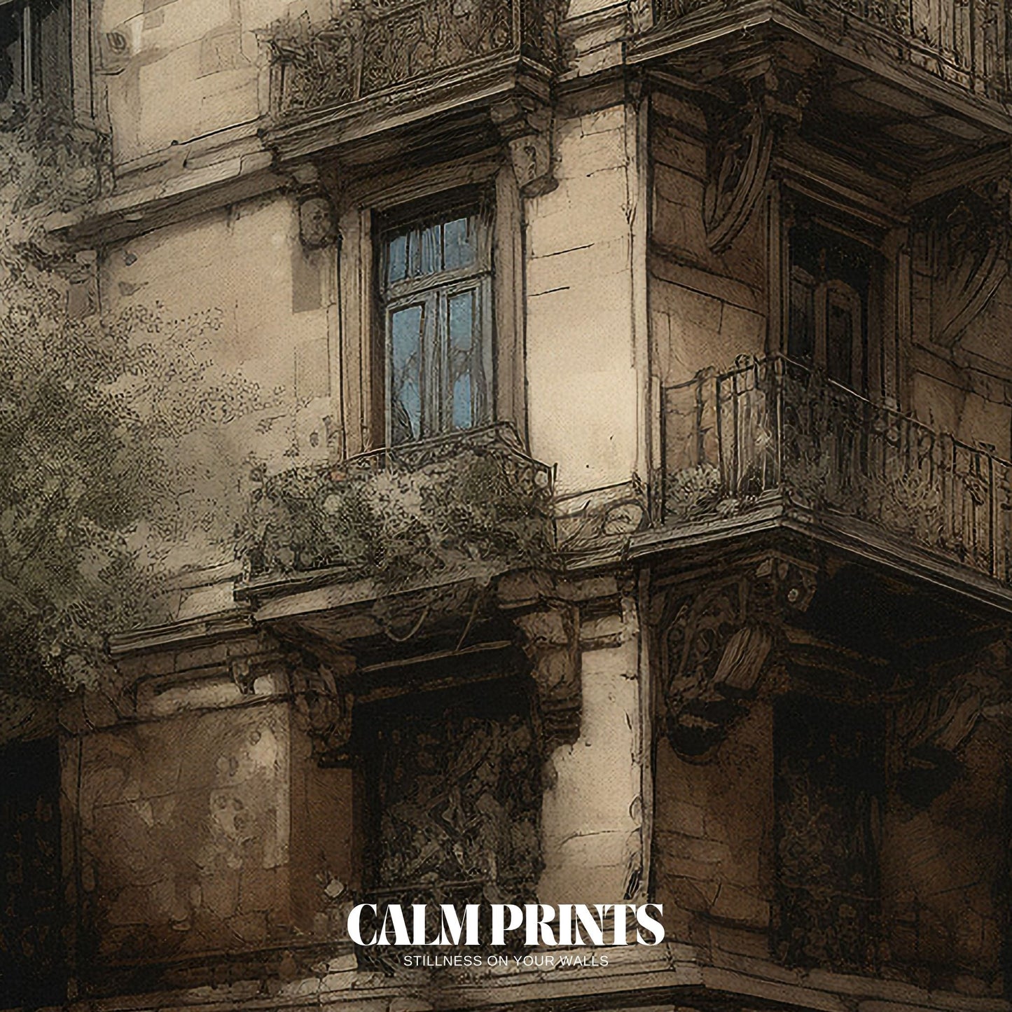 Poster of a historic city street illustrated in refined sketch lines
