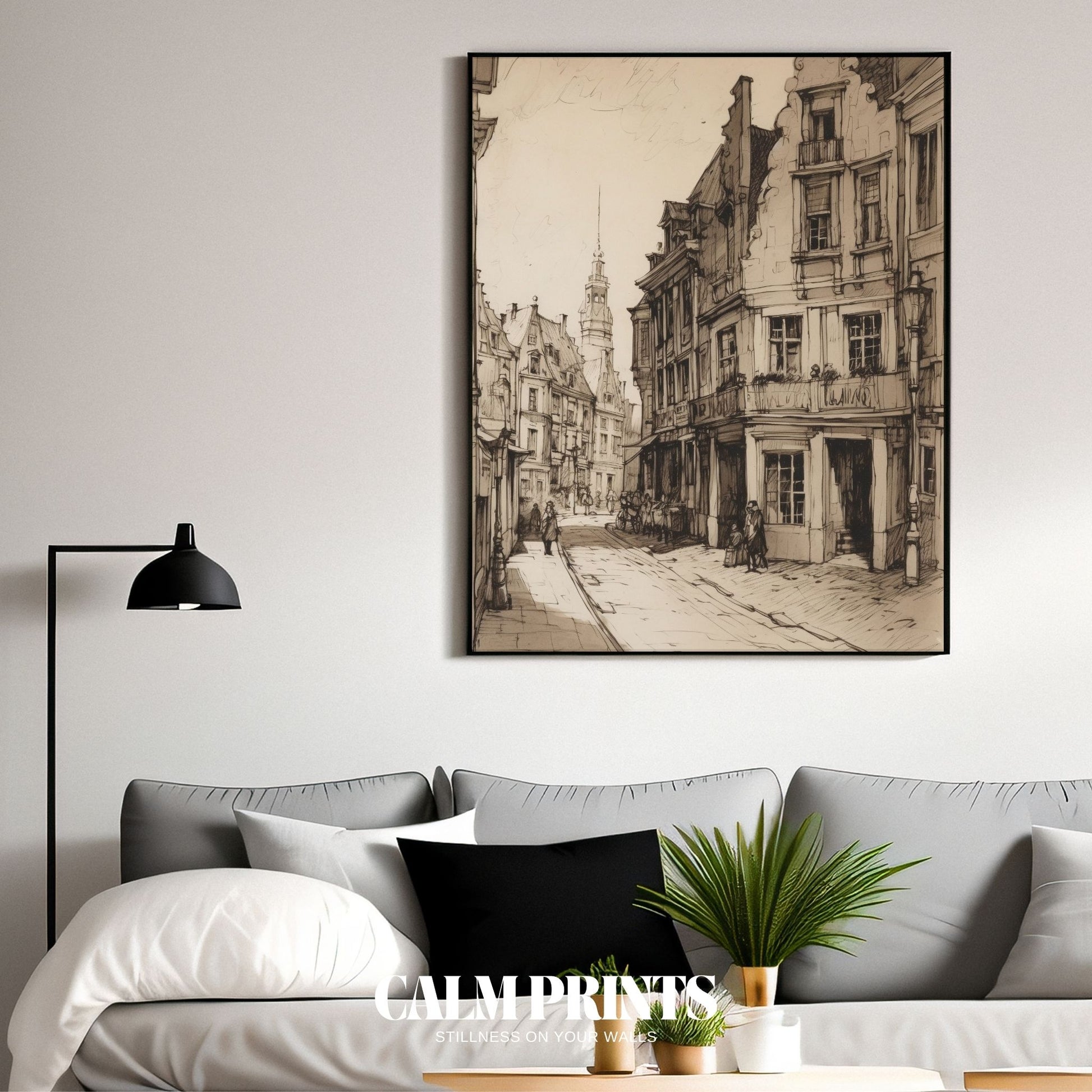 Illustration of a historic town street in delicate hand-drawn detail
