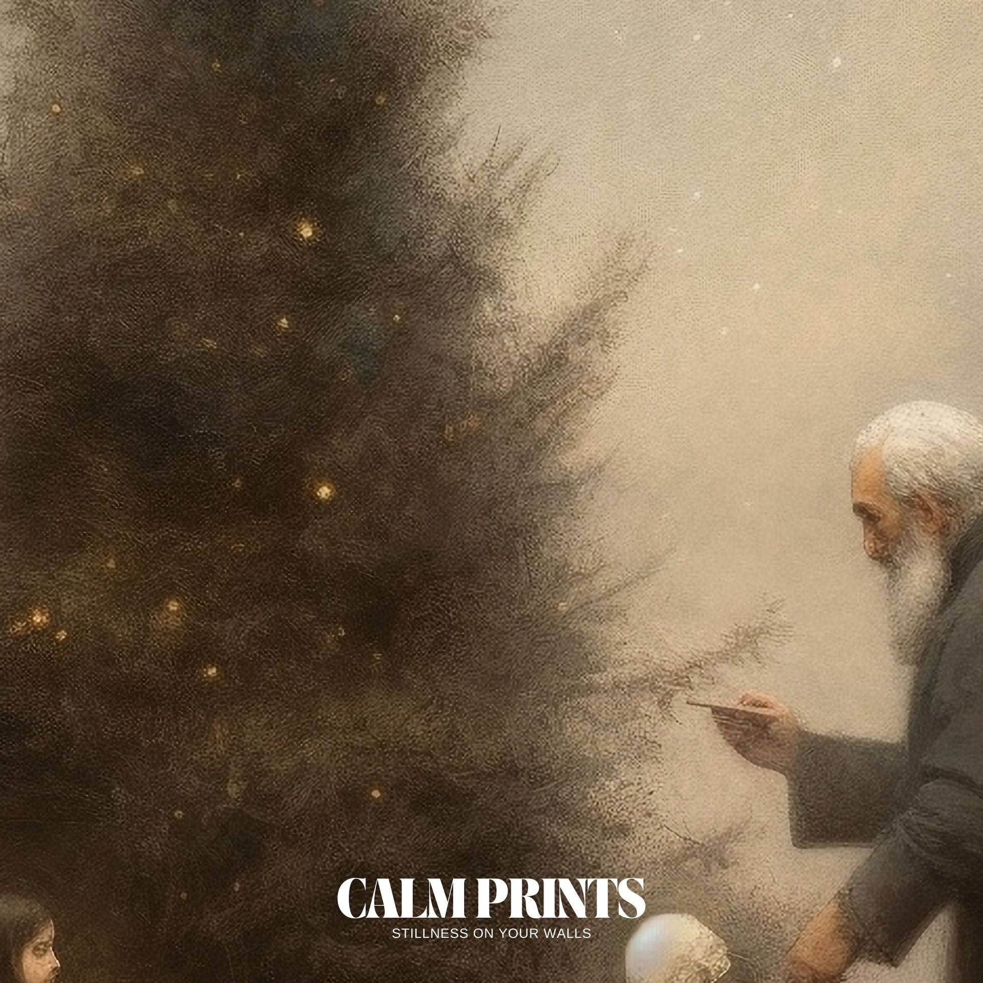 Charming winter cabin scene with a Christmas tree being lovingly trimmed
