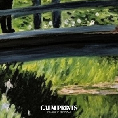 Idyllic garden print featuring a cat and bridge beneath leafy canopies
