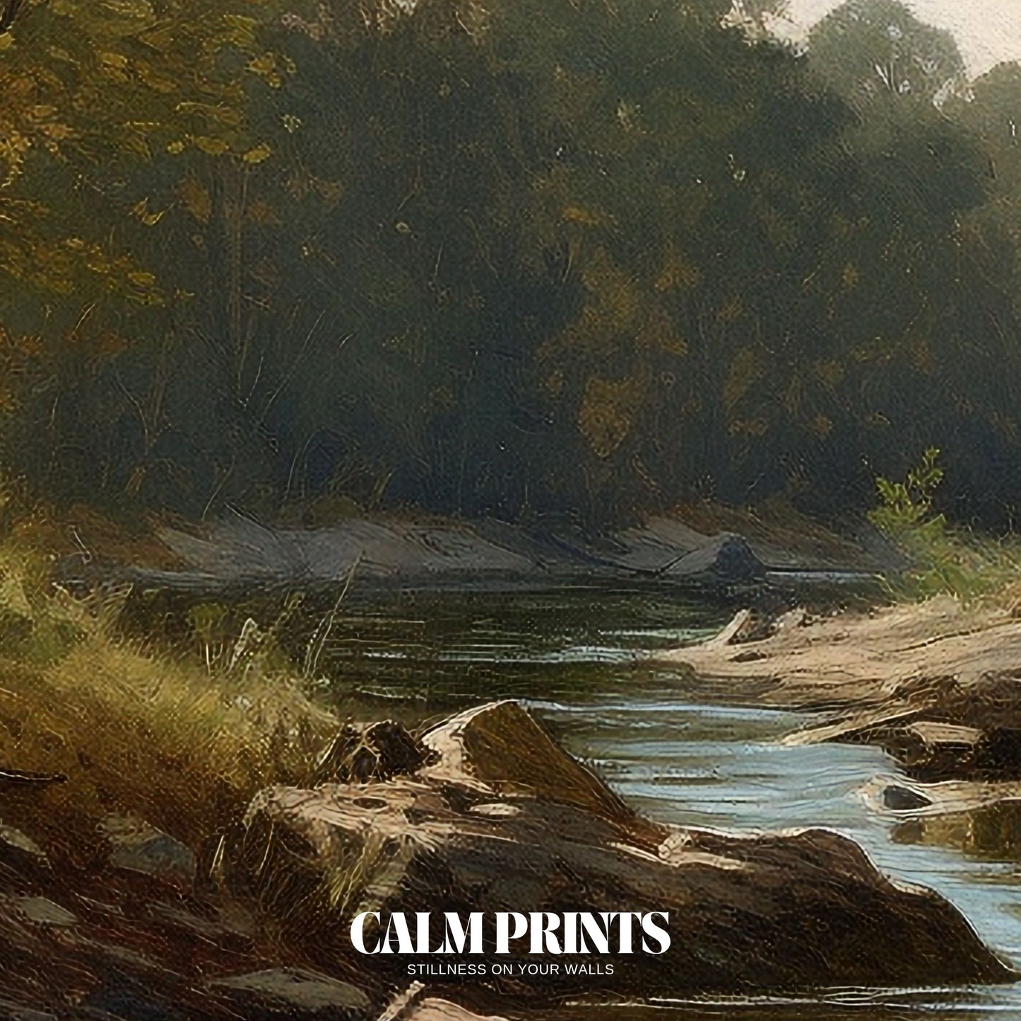 Art print of an idyllic riverbank getaway in soft, warm light
