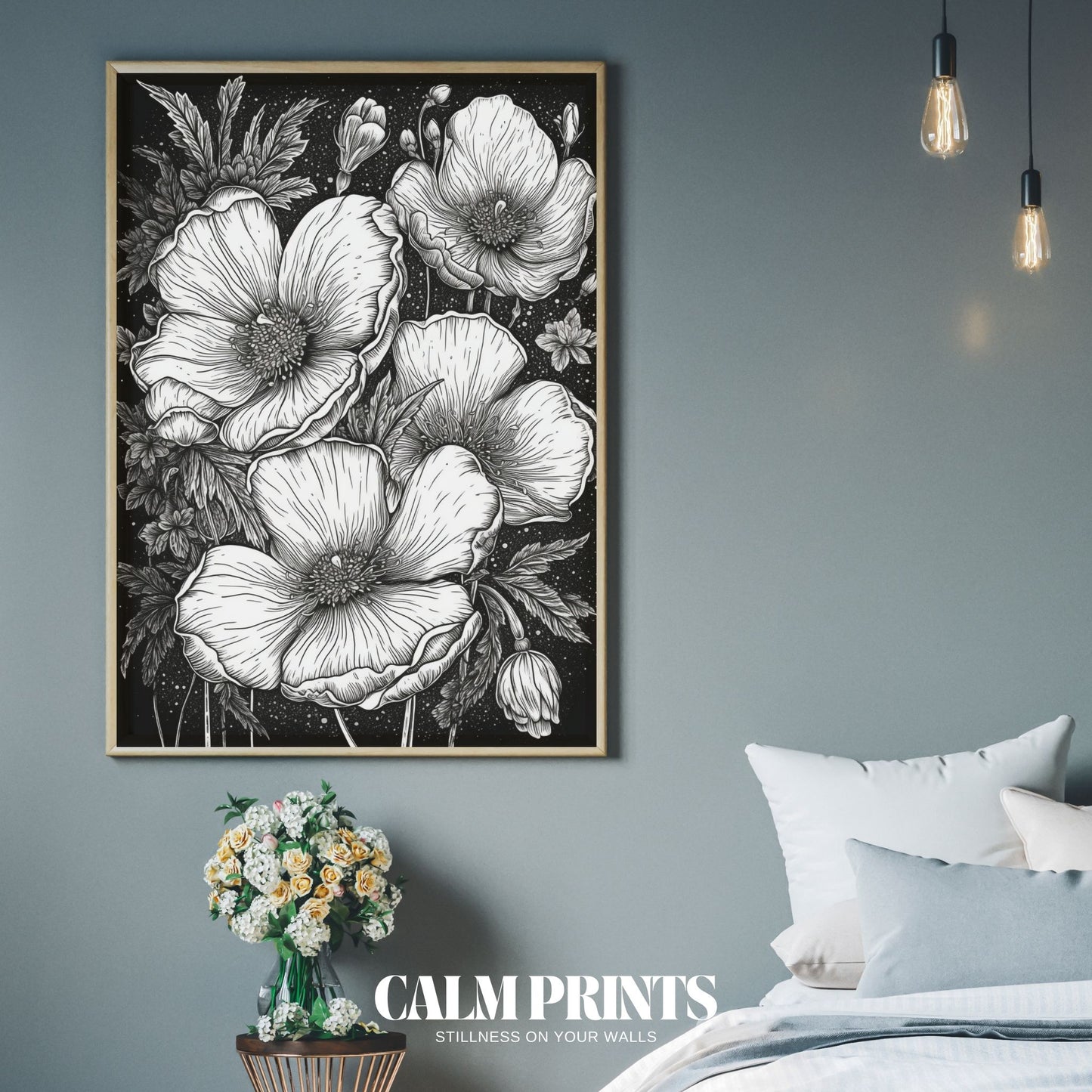 Wall art featuring ink-drawn blossoms with soft monochrome appeal
