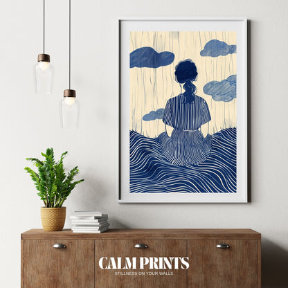 Artwork of a contemplative silhouette shaded in soft blue tones
