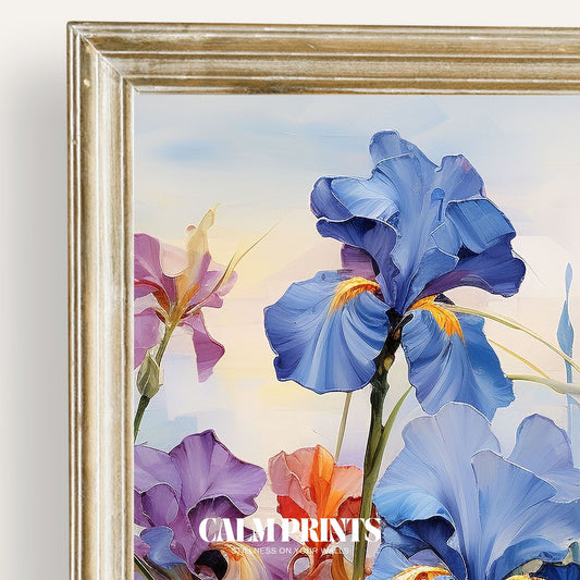 Print of a sunlit field brimming with colourful irises in full bloom
