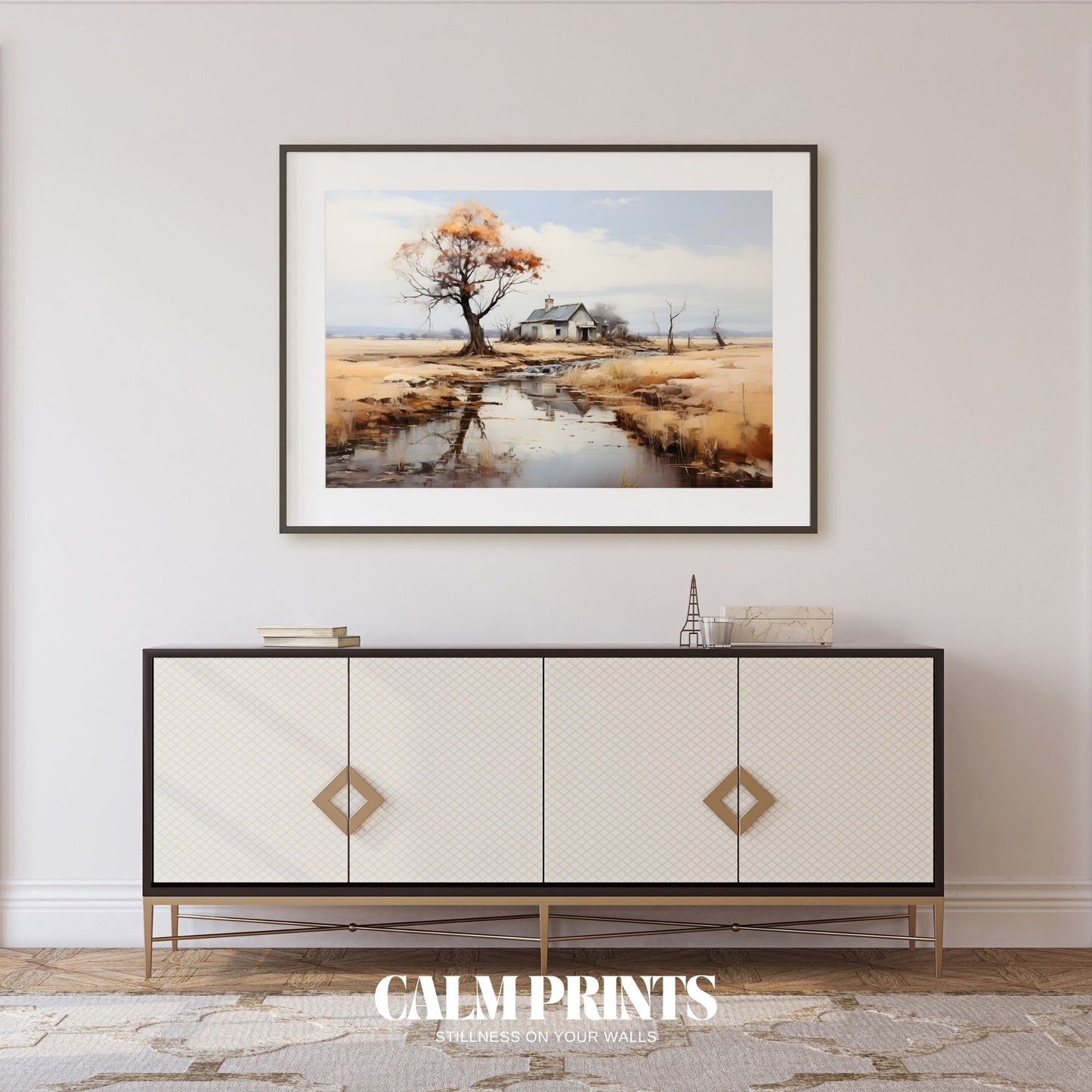 Scenic view of a peaceful cottage by the water, surrounded by calm
