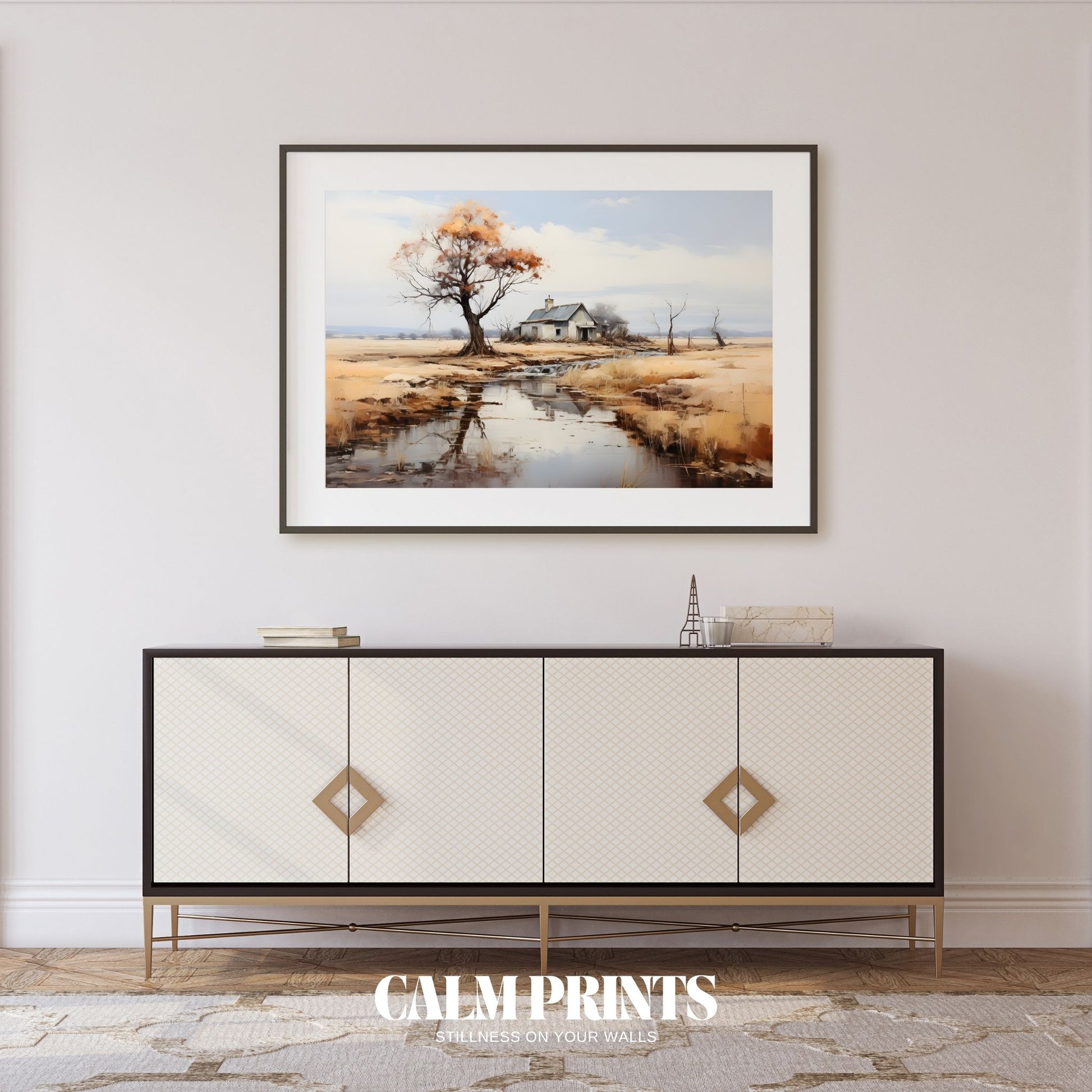 Scenic view of a peaceful cottage by the water, surrounded by calm
