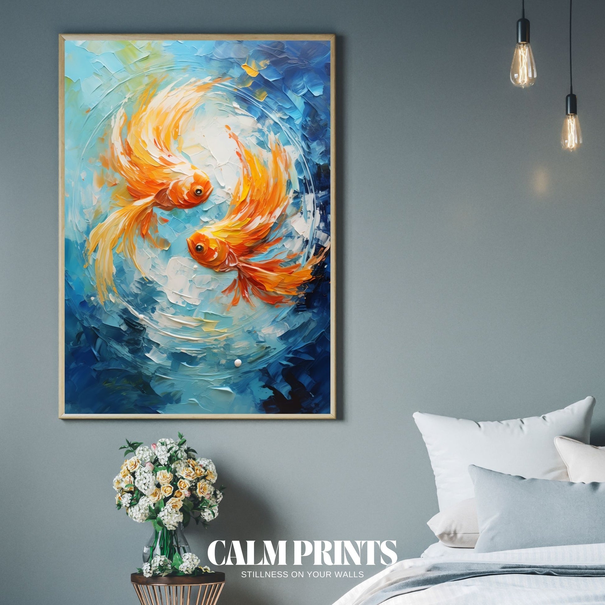 Design print featuring Japanese koi fish in a vibrant swirling formation
