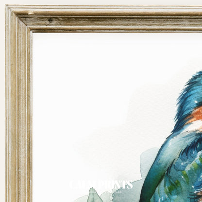 Watercolour print of a colourful kingfisher perched in quiet elegance
