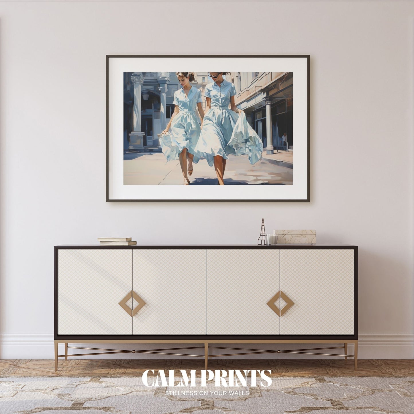 Artwork of ladies in summer dresses enjoying a gentle walk on a sunny day
