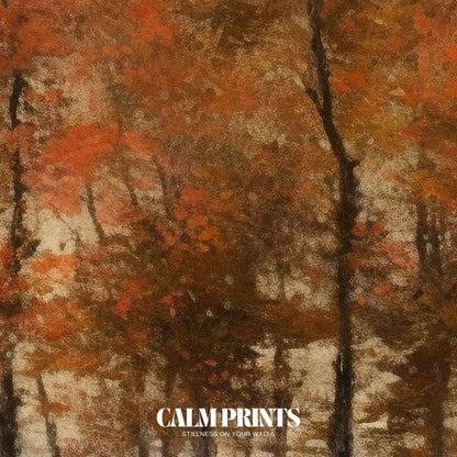 Art print of a lake’s edge aglow with golden autumn trees