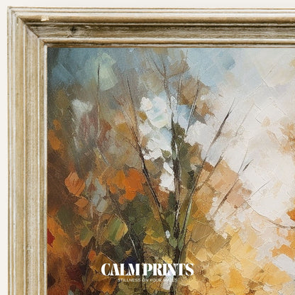 Peaceful lake scene with autumn trees reflected on a glassy surface