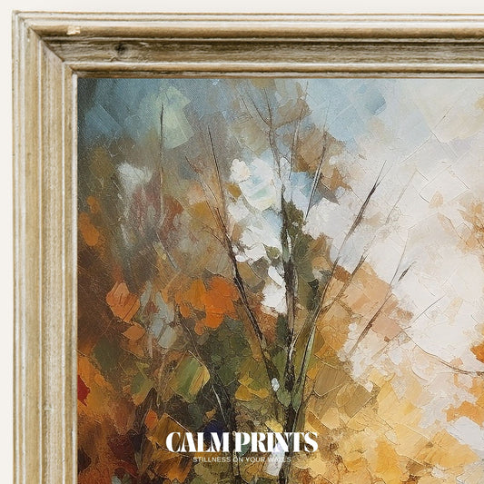 Peaceful lake scene with autumn trees reflected on a glassy surface