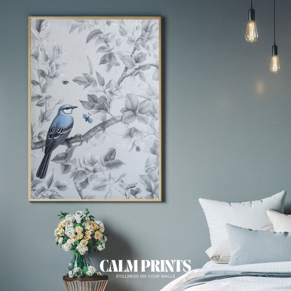 Blue songbird resting on leafy branches in a calm, natural setting
