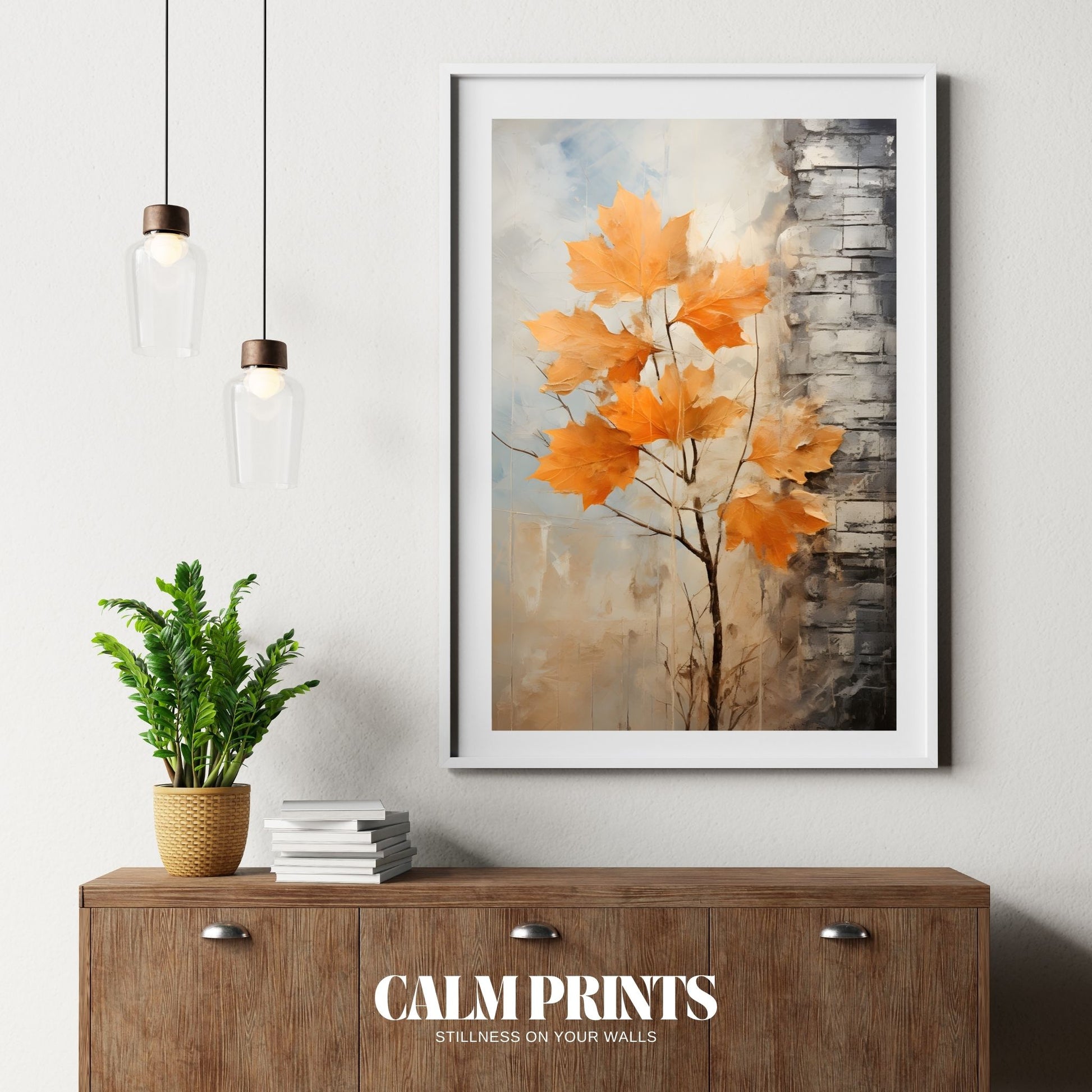 Autumn leaves adding warmth and colour to a cool brick wall backdrop