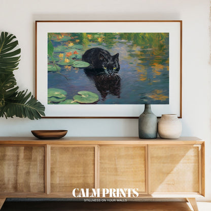 Lily pond scene with a calm black cat in a moment of quiet stillness
