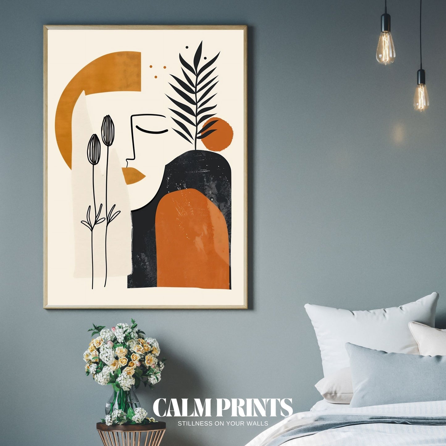 Minimal line art of a woman featuring botanical shapes and textures