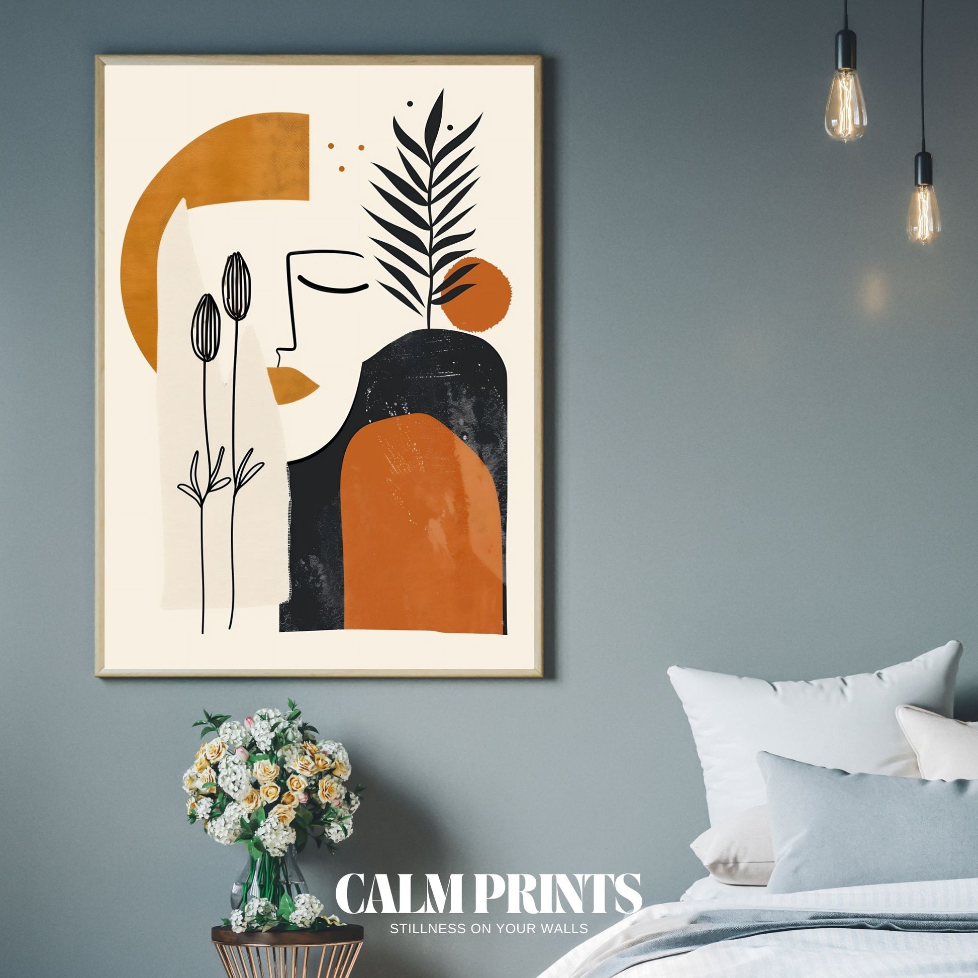 Minimal line art of a woman featuring botanical shapes and textures