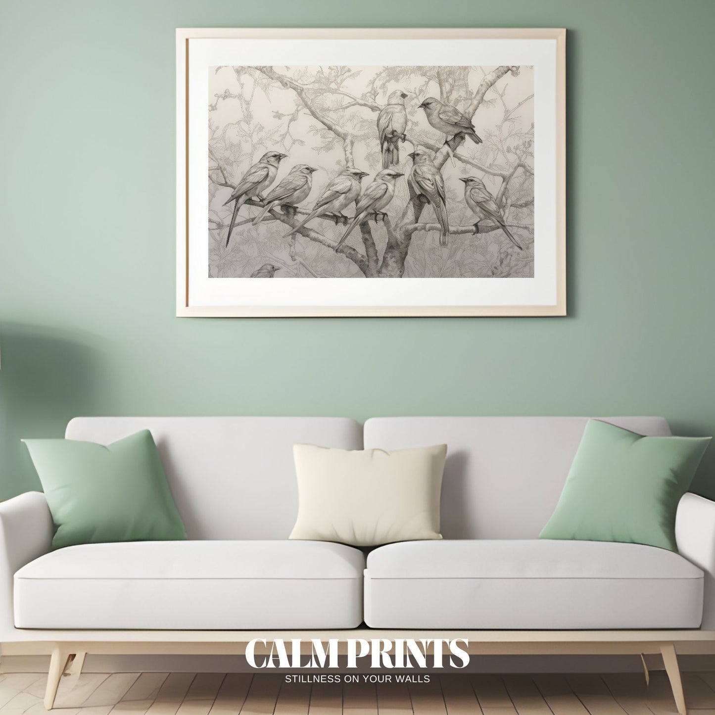 Line drawing of birds nestled in the curves of a gentle tree sketch