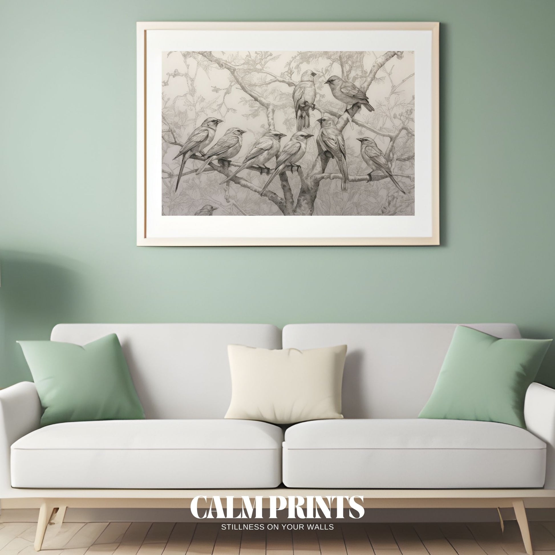 Line drawing of birds nestled in the curves of a gentle tree sketch