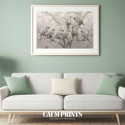 Line drawing of birds nestled in the curves of a gentle tree sketch