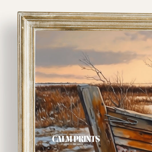 Wall art featuring a lonely abandoned boat by the calm seaside