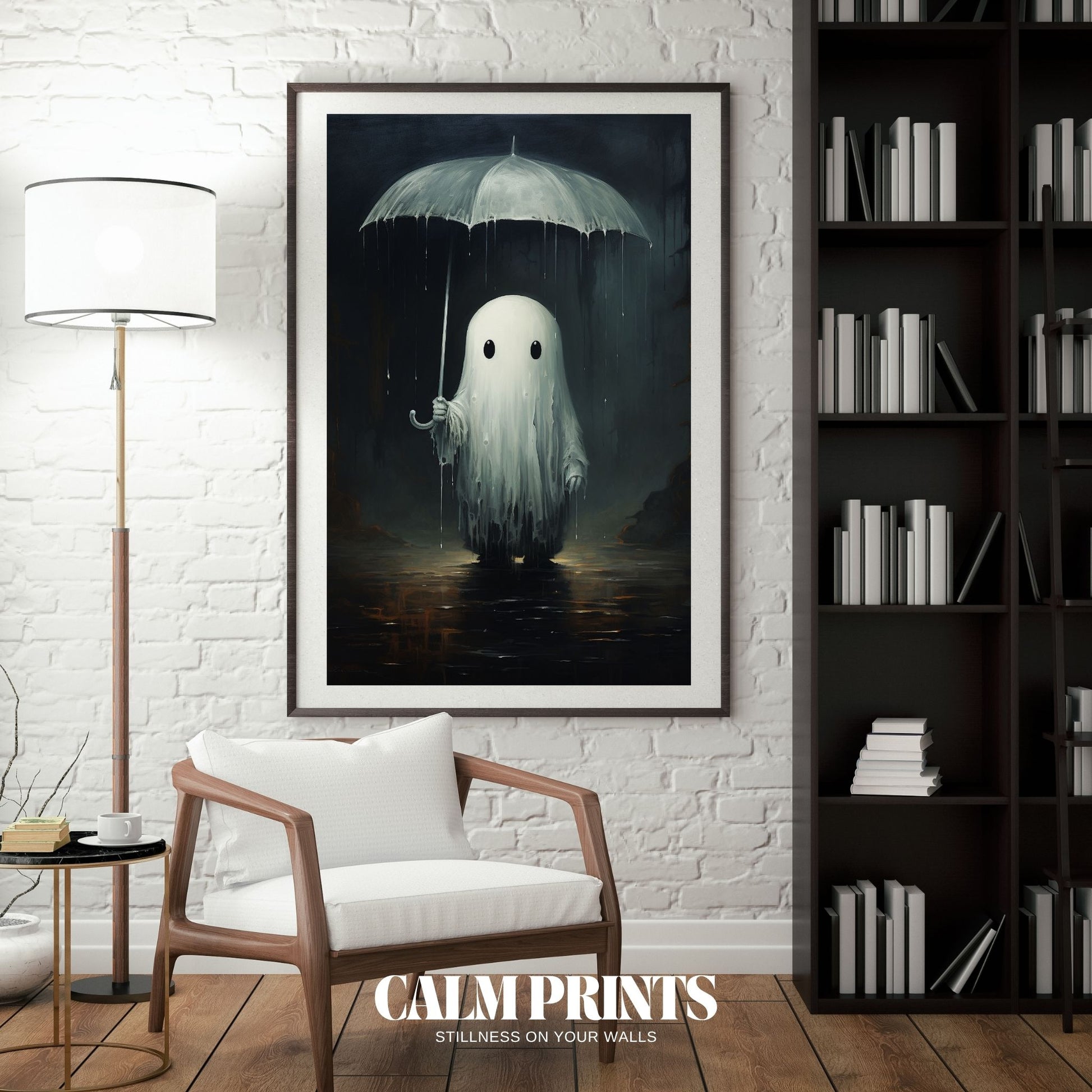 Art of a lonely but cute ghost sheltered under an umbrella in the rain
