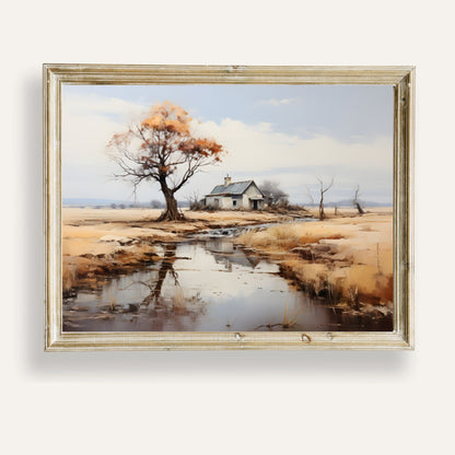 Tranquil artwork of a solitary house resting peacefully beside a quiet stream
