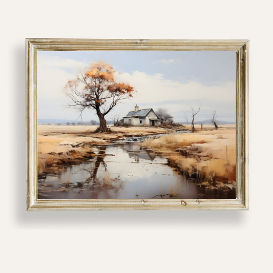 Tranquil artwork of a solitary house resting peacefully beside a quiet stream

