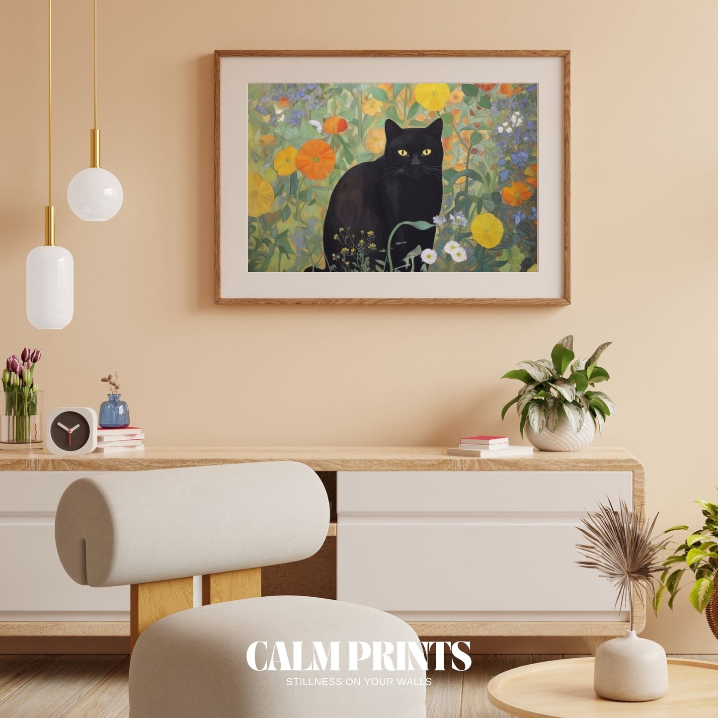 Lush botanical setting with a black cat surrounded by bold blooms