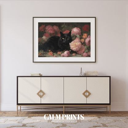 Art featuring a black cat nestled within a tapestry of lush flowers