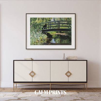 Scenic garden scene with a cat crossing a quaint bridge in rich foliage
