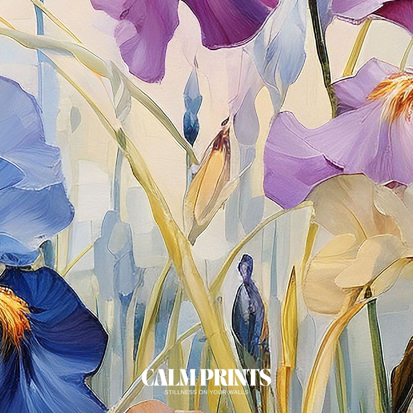 Lush green meadow dotted with tall irises and soft waving grasses
