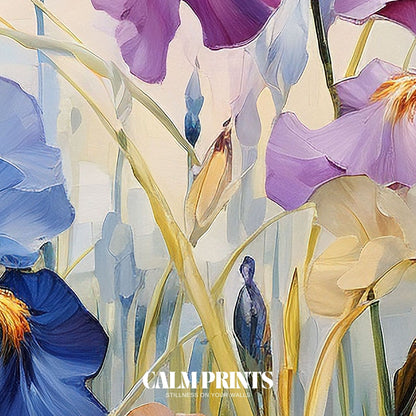 Lush green meadow dotted with tall irises and soft waving grasses
