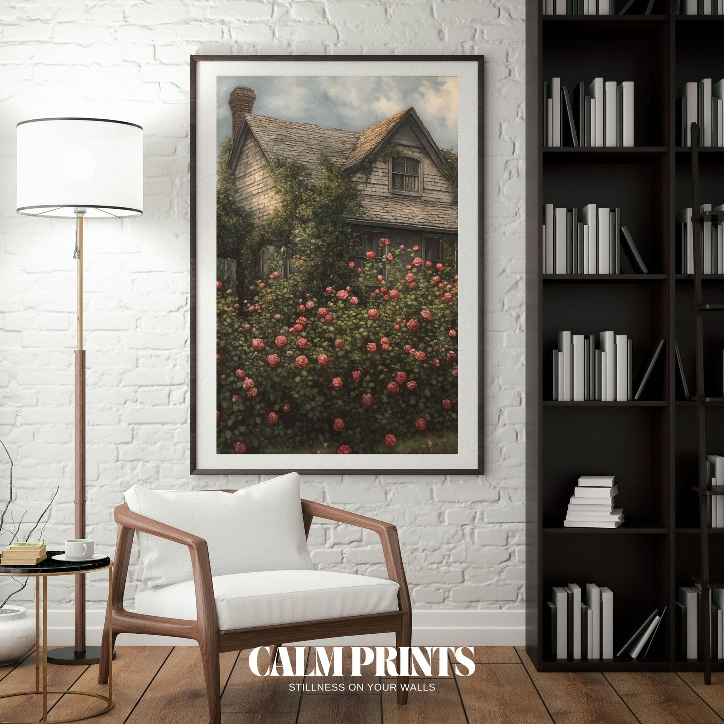 Art print of a cottage façade beautifully draped in lush rose blossoms
