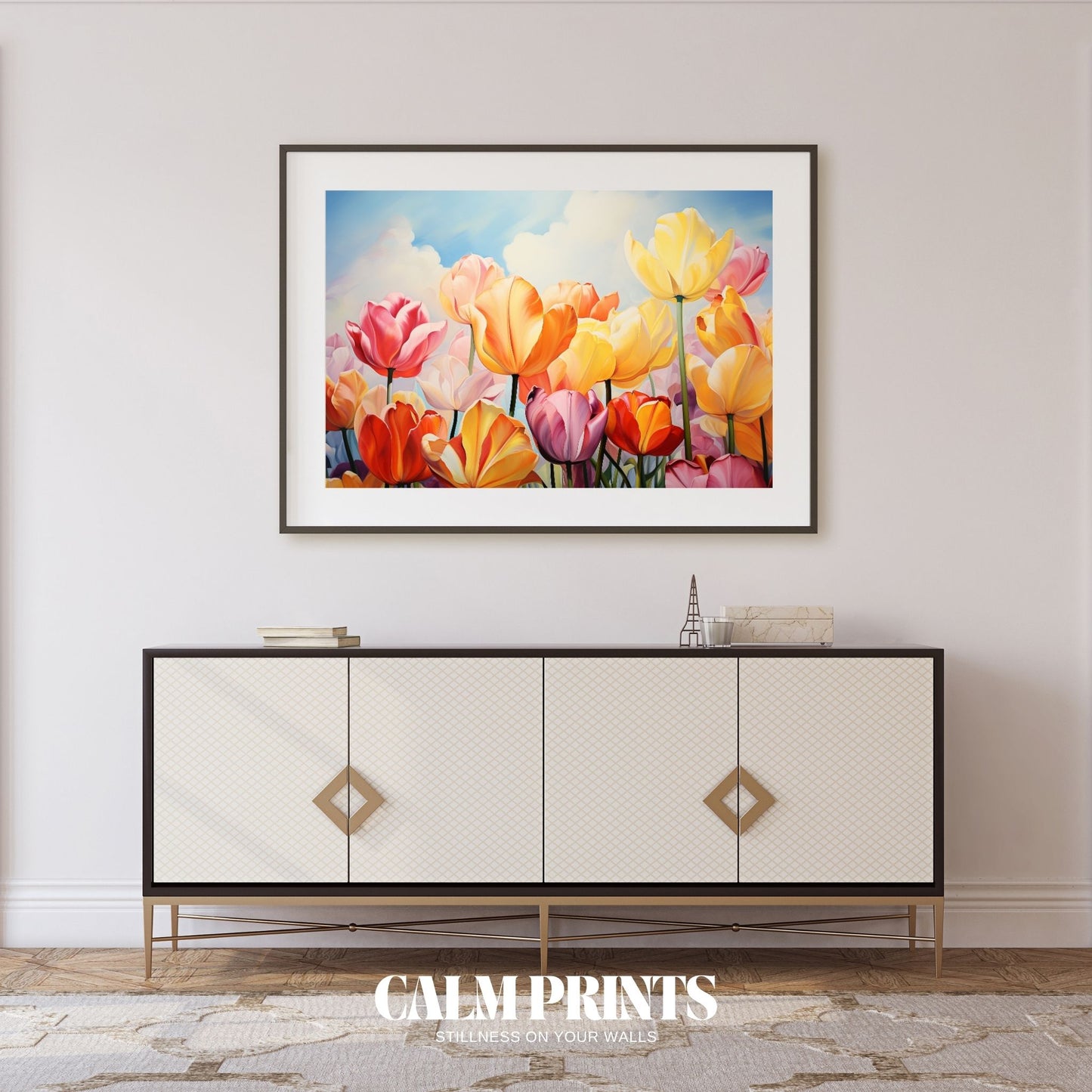 Magical meadow covered in colourful tulips under a gentle spring sky
