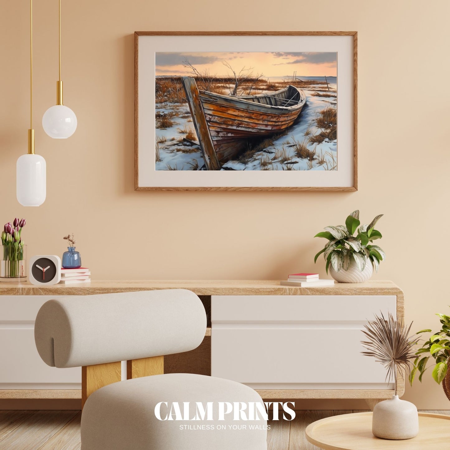 Maritime wall art showing a quiet boat scene along the coast