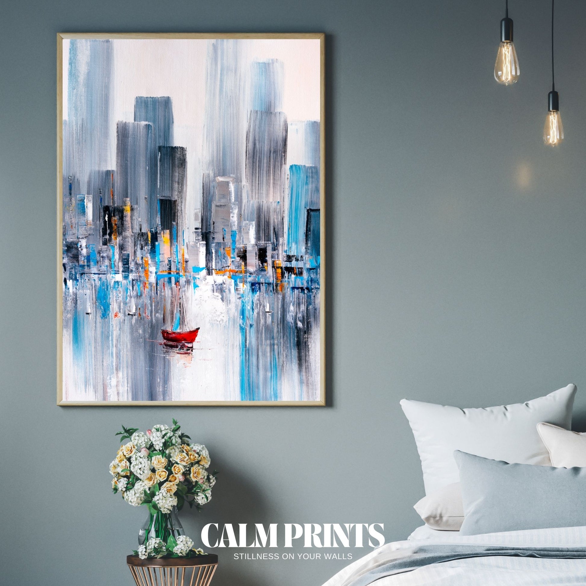 Artwork of a glowing city view in a dynamic and expressive abstract form
