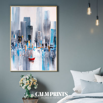 Artwork of a glowing city view in a dynamic and expressive abstract form
