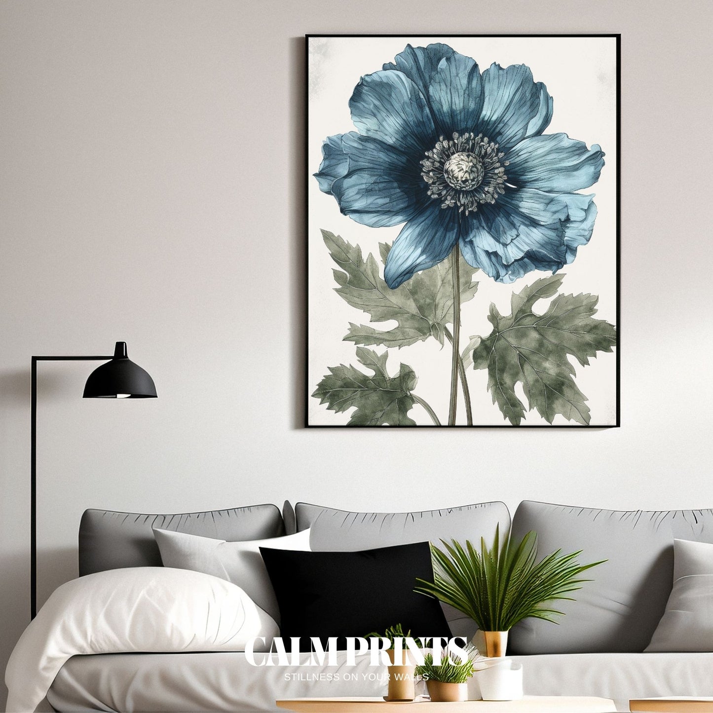 Minimal floral line art with a gentle touch of blue bloom
