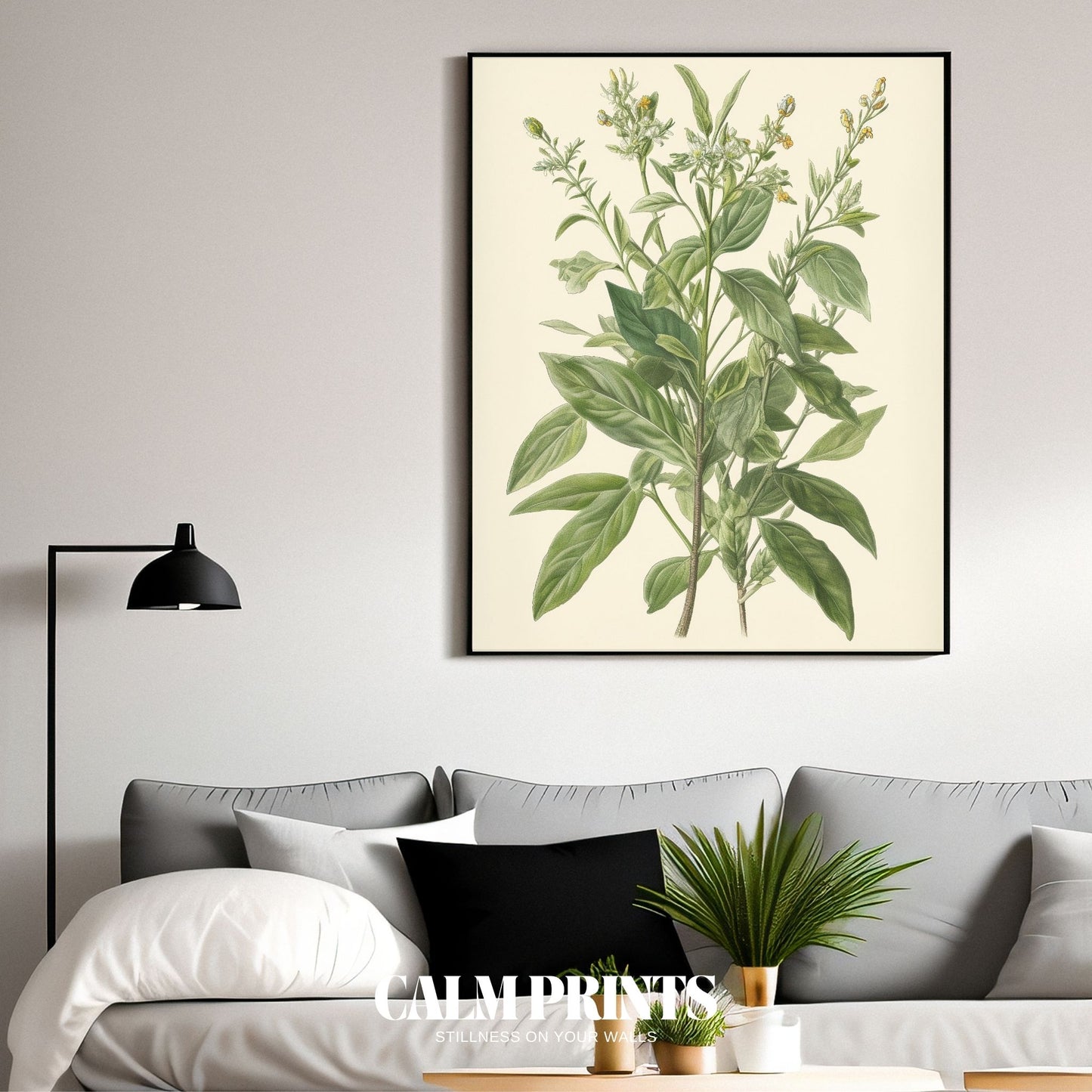 Minimal botanical poster of a graceful green plant on soft background
