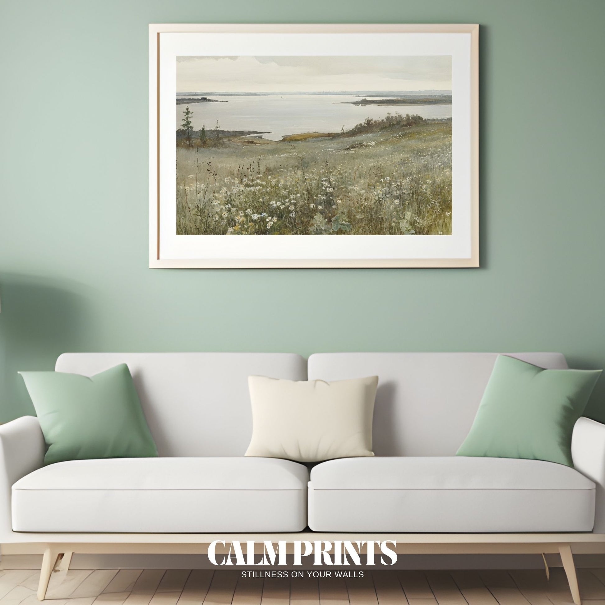 Minimalist scene of a quiet meadow stretching out toward the ocean
