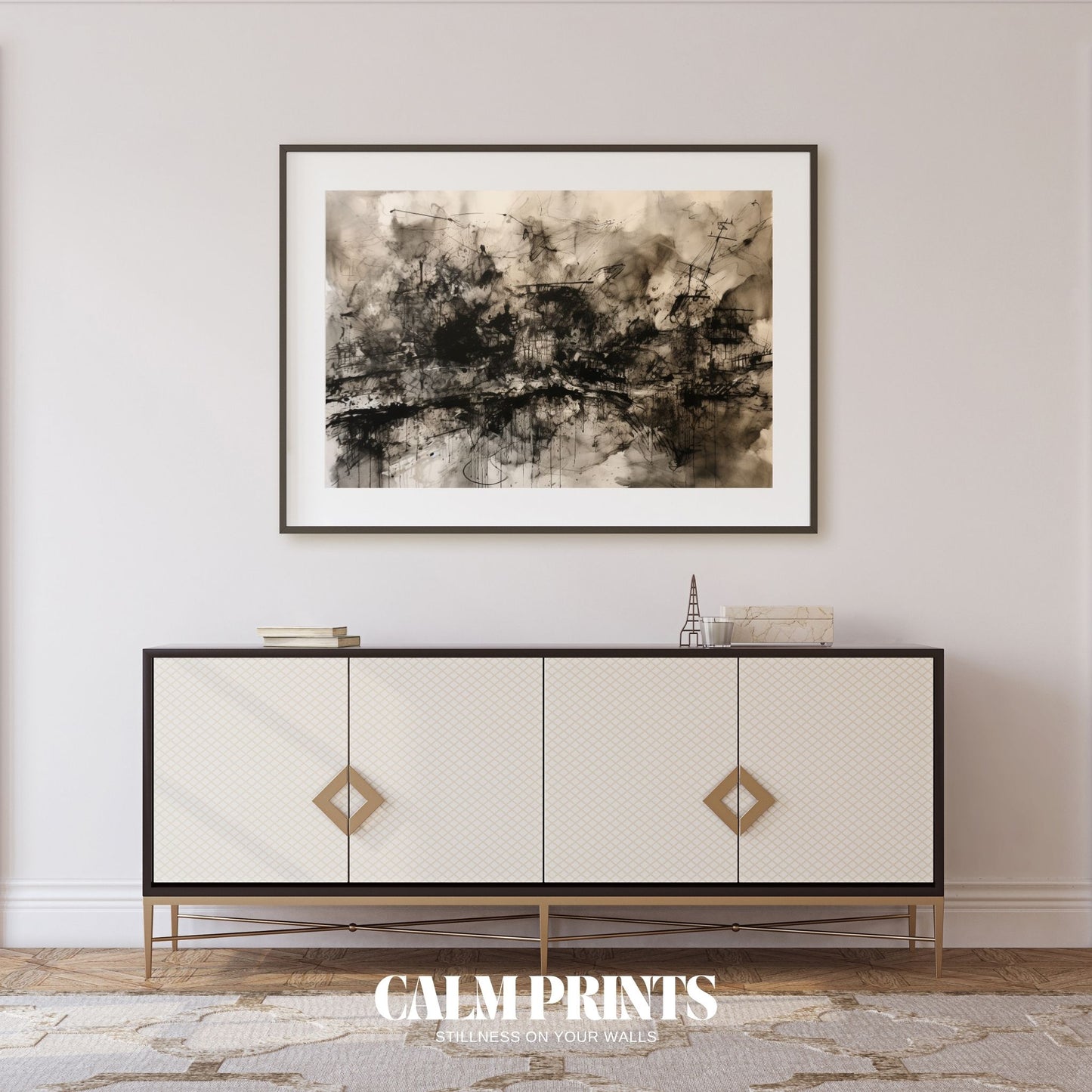 Minimalist abstract art featuring dynamic monochrome splatters