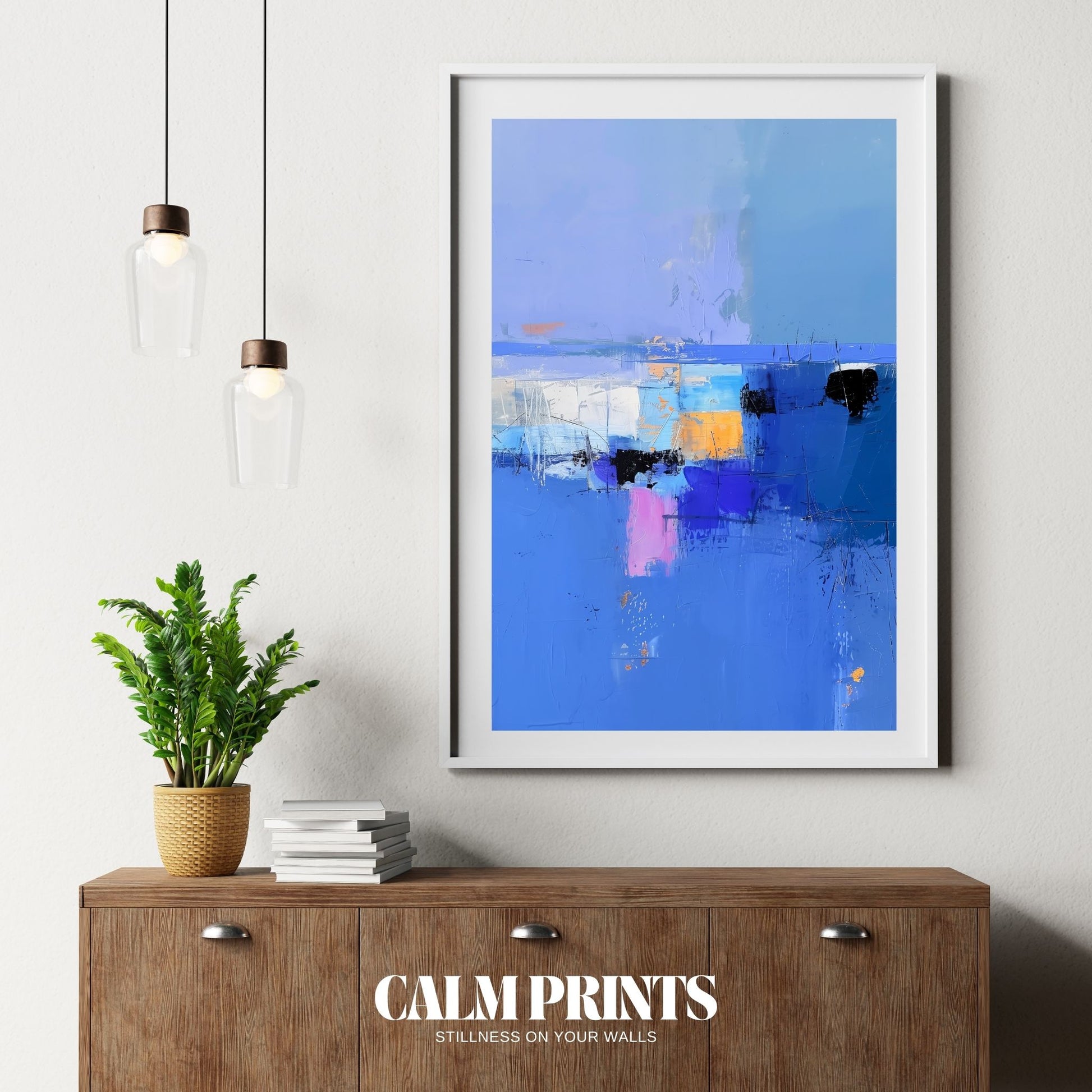 Minimalist abstract poster with gentle blue brush strokes