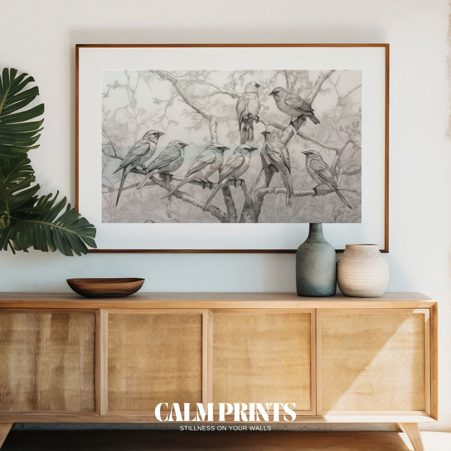 Minimalist sketch of birds on a tree, evoking calm and simplicity